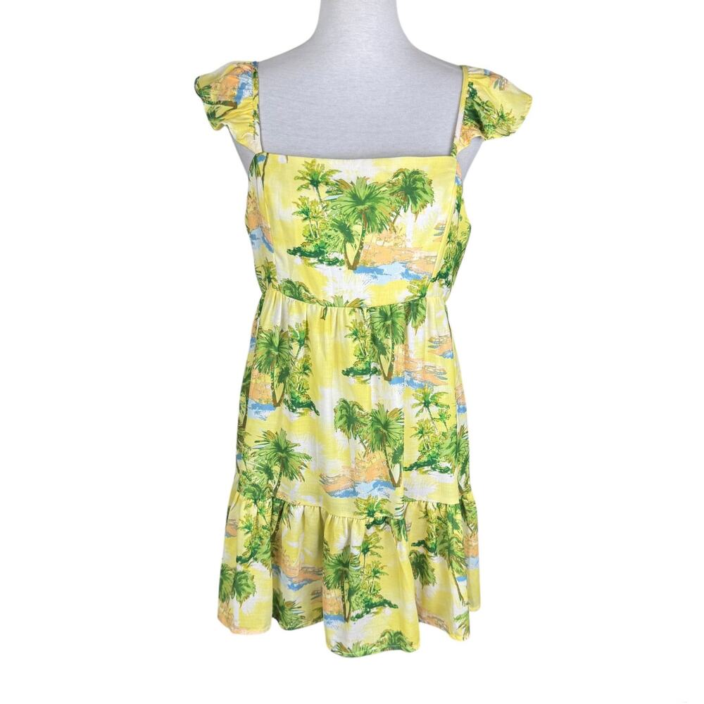 Flying Tomato NWT Yellow Tropical Palm Tree Babydoll Mini Beachy Vacation Dress